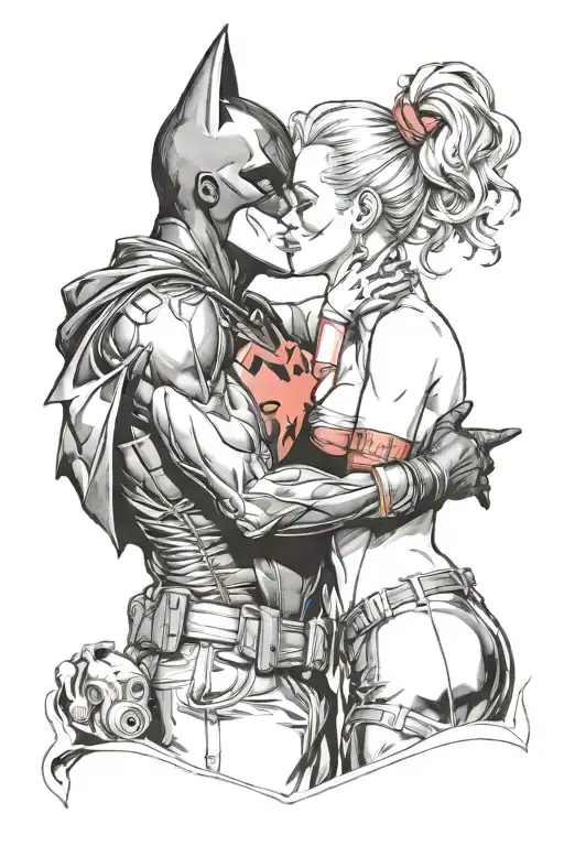 "ultra-realistic" harley quinn kissing batman tattoo design idea