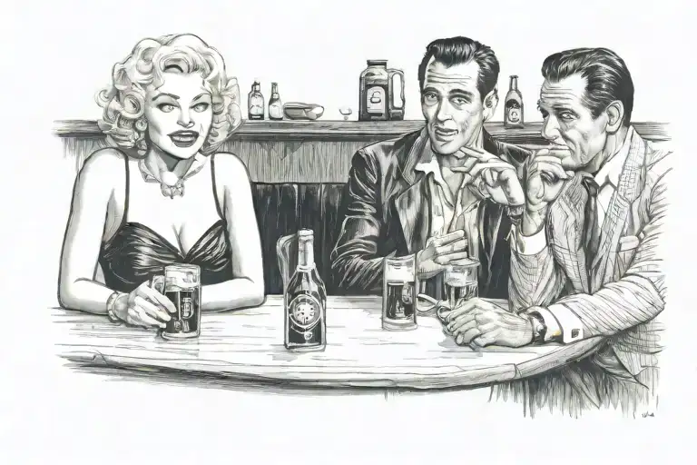 "ultra realistic" marilyn monroe and  humphrey bogart and elvis presley sit in a bar drinking beer tattoo design idea