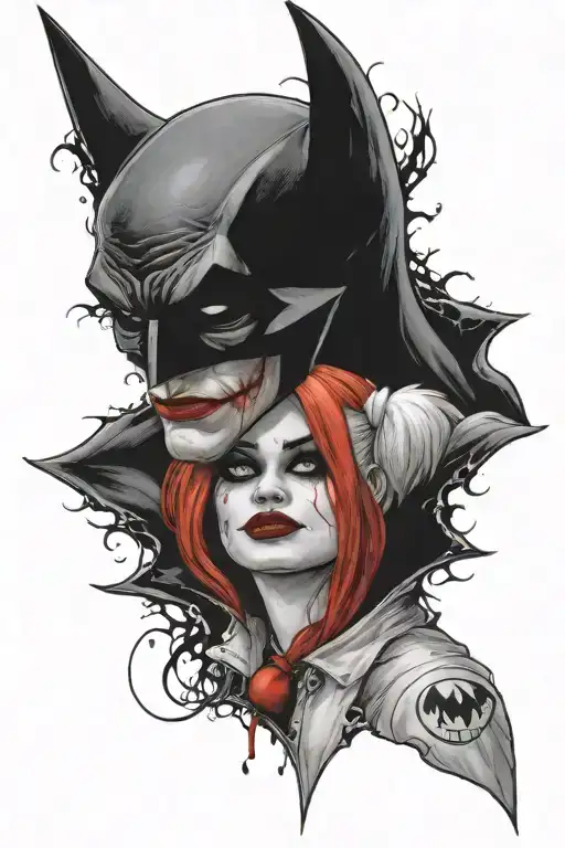 "ultra-realistic" harley quinn kissing batman tattoo design idea