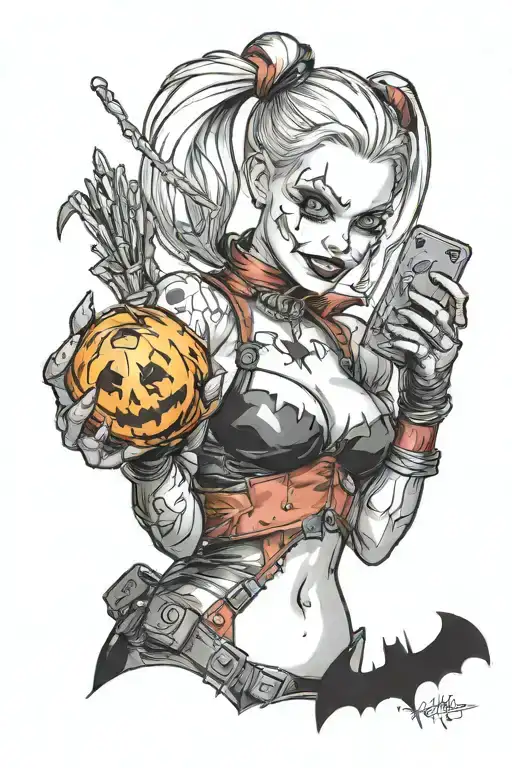 "ultra-realistic" harley quinn holding a fireball wood  she wear a batman mask  tattoo design idea