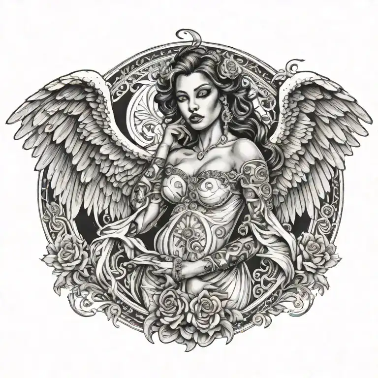 angel woman posing tattoo design idea