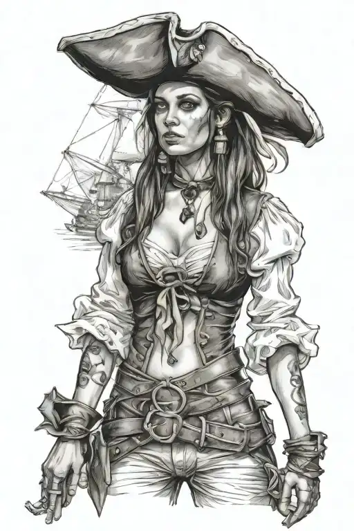pirate woman standing posing tattoo design idea