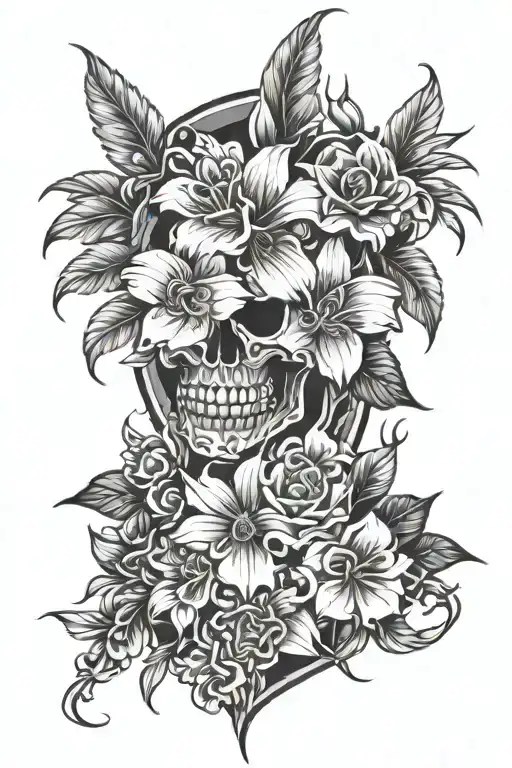 slim  jungle creeper flowers all round gray and black grey style tattoo design idea