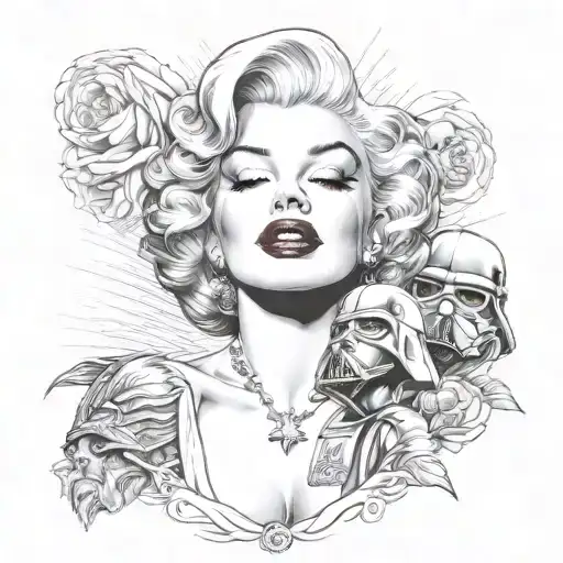marilyn monroe kissing darth vader action pose tattoo design idea