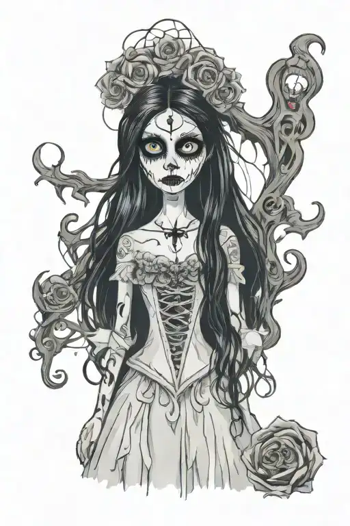 Emily Corpse Bride wielding  big eyes long black hair smudged mascara tattoo design idea