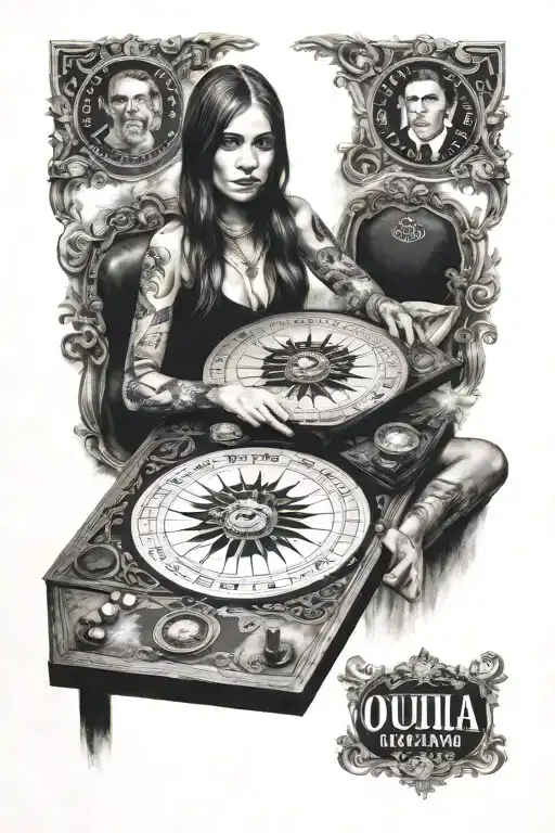 Ouija board woman posing together looking tattoo design idea