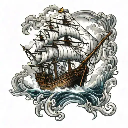 pirate ship sailing through stormy seas tattoo design idea