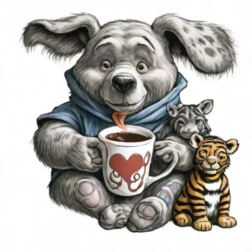 Winnie the Pooh with friends Tigger Piglet Eeyore holding a coffee mug tattoo design idea