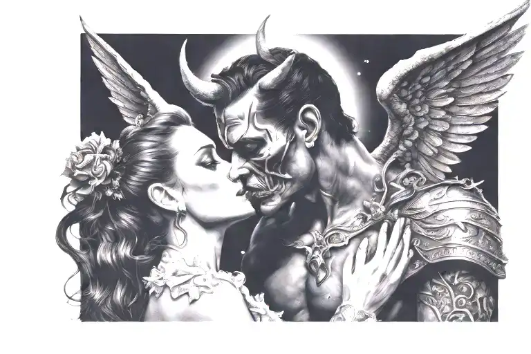 Devil man Kissing a beautiful angel woman .dark background with night sky tattoo design idea