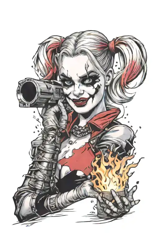 "ultra-realistic" harley quinn holding a fireball wood  she wear a batman mask  tattoo design idea
