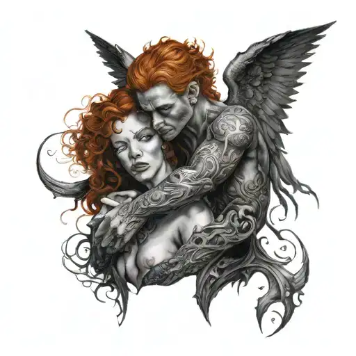 majestic red haired female demon hugging a black haired male angel, highly detailed face, surrealism, dark fantasy, high tattoo design idea