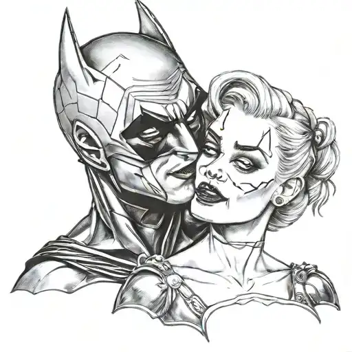 "ultra-realistic" harley quinn kissing batman tattoo design idea