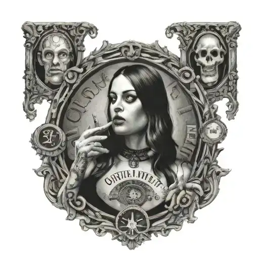 Ouija board woman posing together looking tattoo design idea