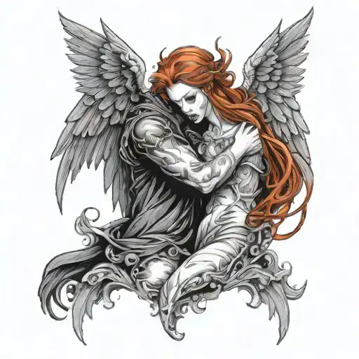 irreal dark heaven, epic illustration of majestic red haired female demon hugging a black haired male angel, highly deta tattoo design idea