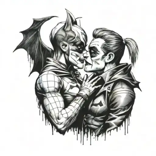 "ultra-realistic" harley quinn kissing batman tattoo design idea
