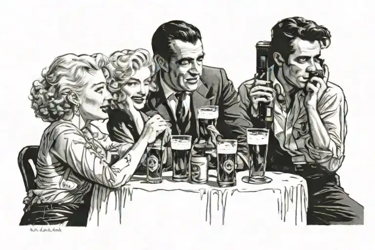 "ultra realistic" marilyn monroe and  humphrey bogart and elvis presley sit in a bar drinking beer tattoo design idea