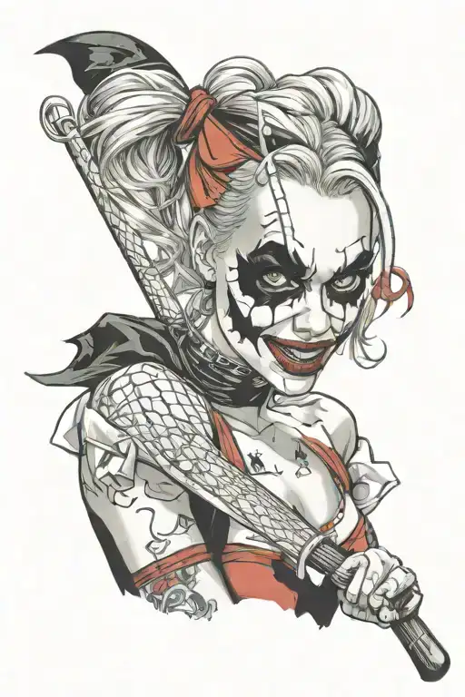 "ultra-realistic" harley quinn with baseball  racket  wear a batman mask  tattoo design idea