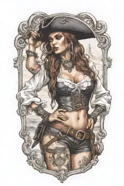 super real sexig pirate woman standing posing tattoo design idea