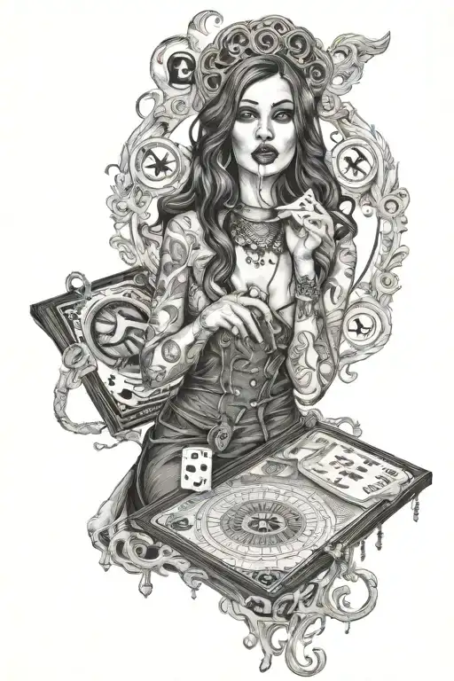 Ouija board woman posing together looking tattoo design idea