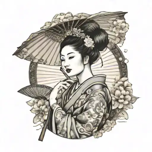 beautiful japanese geisha holding sun fan tattoo design idea