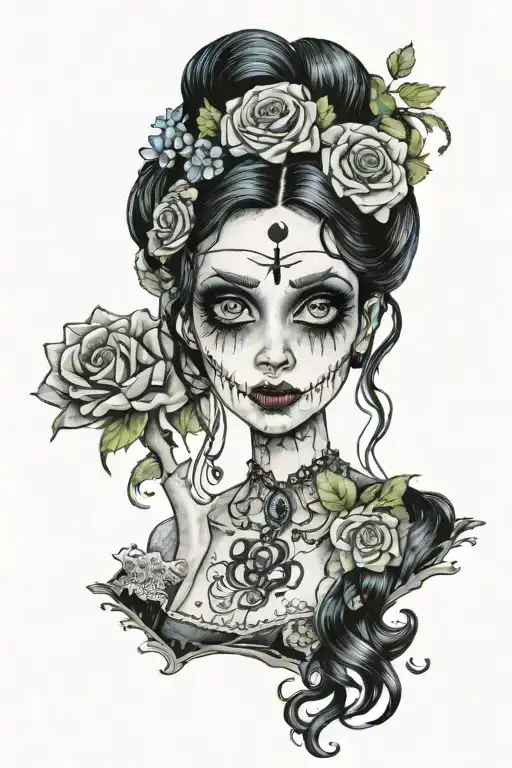 Emily Corpse Bride wielding  big eyes long black hair smudged mascara and with  Victor Van Dort tattoo design idea