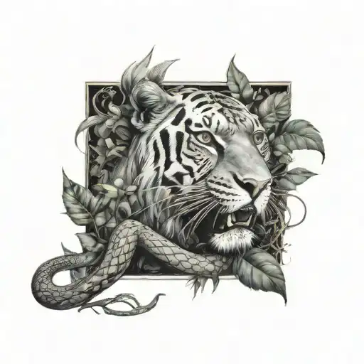 leon with jungle bushes trees forest snakes  and liana tattoo design idea