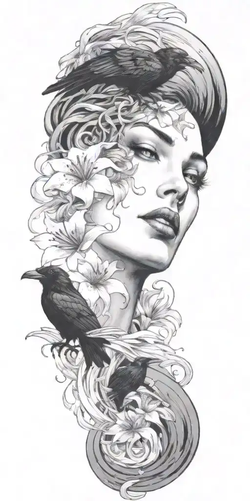 a raven flying and medusa's face staring with lilies crashing into 3 ocean waves tattoo design idea