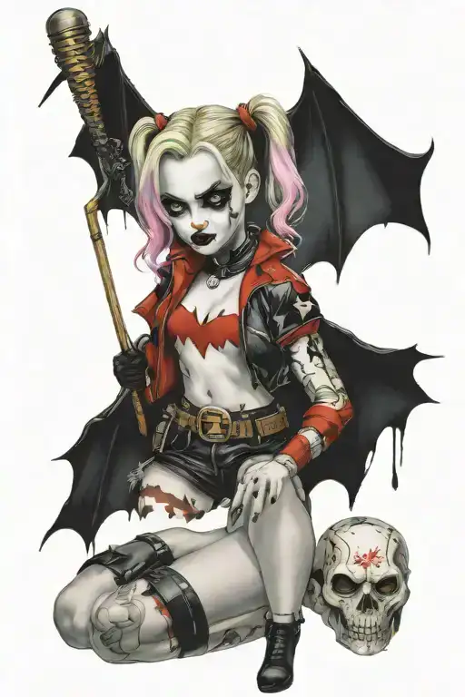"ultra-realistic" harley quinn with baseball  racket  batman in background  tattoo design idea