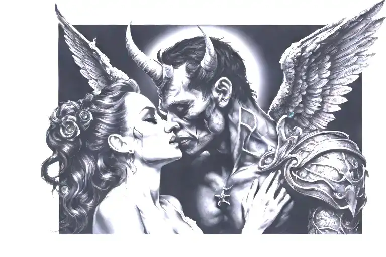 Devil man with horn Kissing a beautiful angel woman .dark background with night sky tattoo design idea