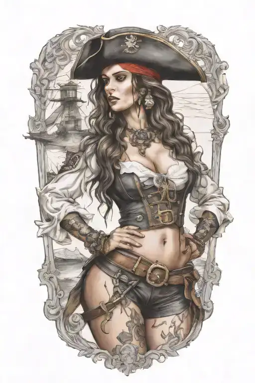 super real sexig pirate woman standing posing tattoo design idea
