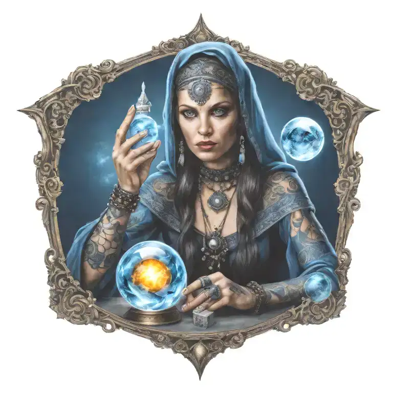 beautiful fortune teller with tarot cards and a glowing blue crystal ball and dice around the fortune teller tattoo design idea