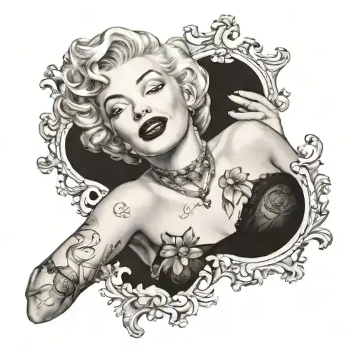 "ultra realistic" marilyn monroe  lies down and smiles she wear tattoo on her body tattoo design idea