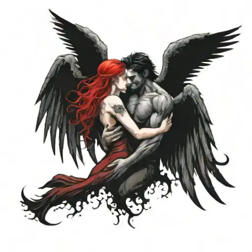 irreal dark heaven, epic illustration of majestic red haired female demon hugging a black haired male angel, highly deta tattoo design idea