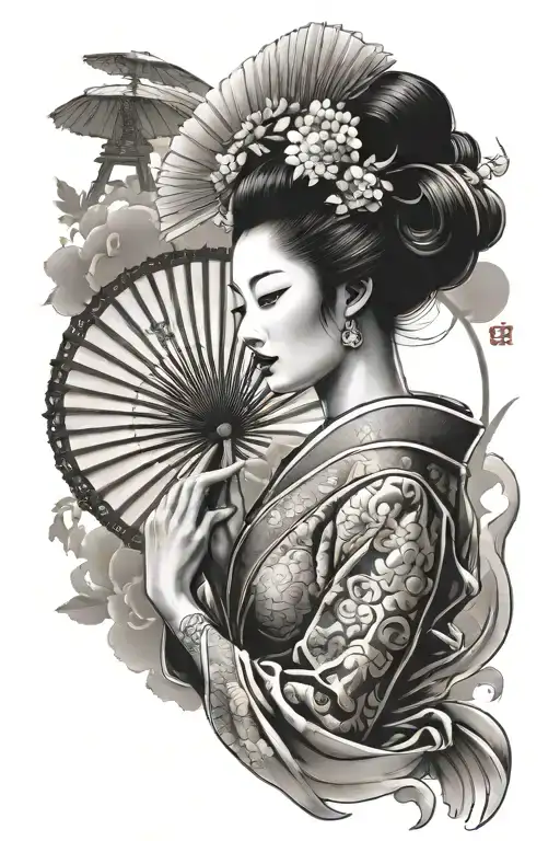 beautiful japanese geisha holding sun fan tattoo design idea