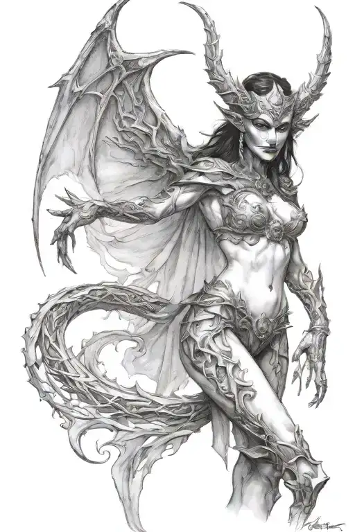 deamon woman stand posing  tattoo design idea