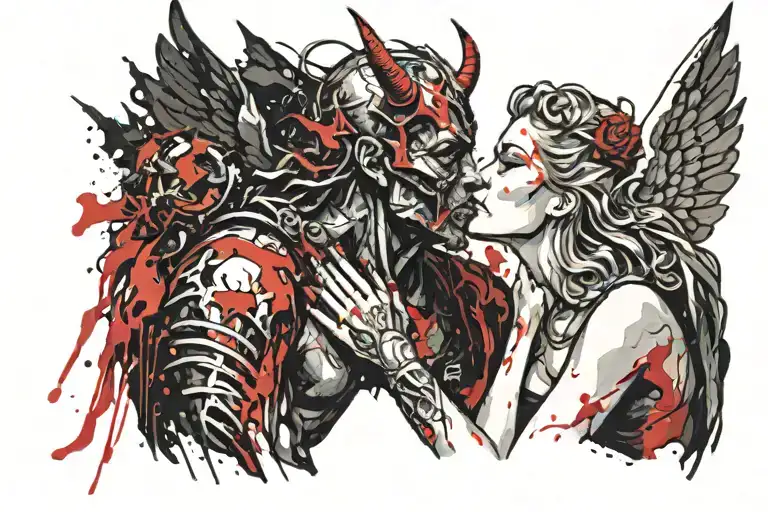Devil man with horn Kissing a beautiful angel woman .dark background with night sky tattoo design idea