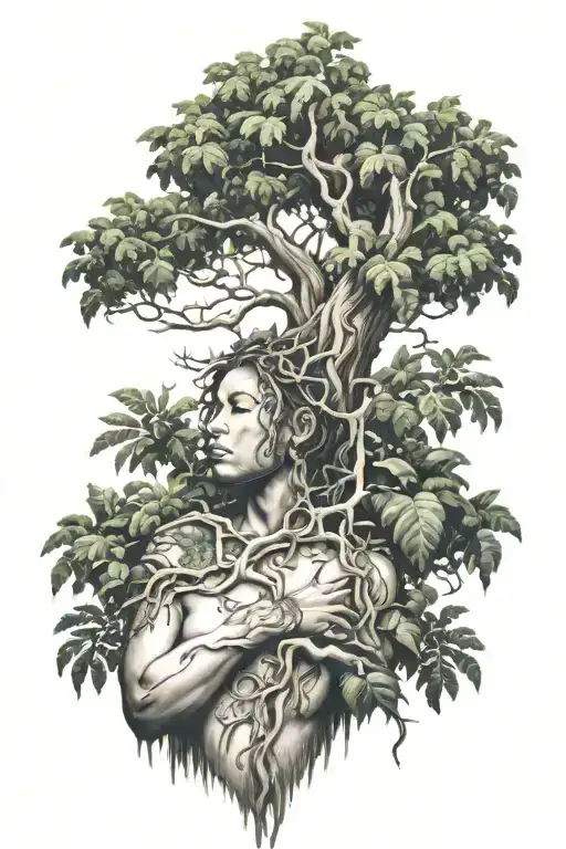 large woman jungle tree with root system tattoo design idea