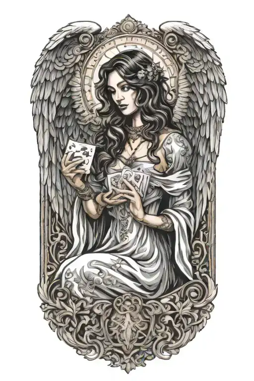 angel woman play card tarot tattoo design idea