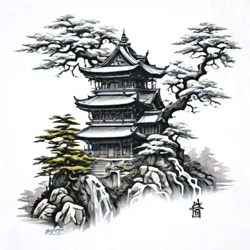 tall japanese castel tattoo design idea
