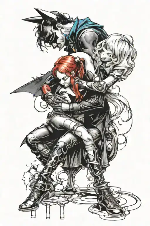 "ultra-realistic" black dark back ground harley quinn kissing batman tattoo design idea