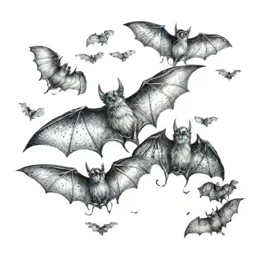 "ultra realistic" 100 small bats flying tattoo design idea