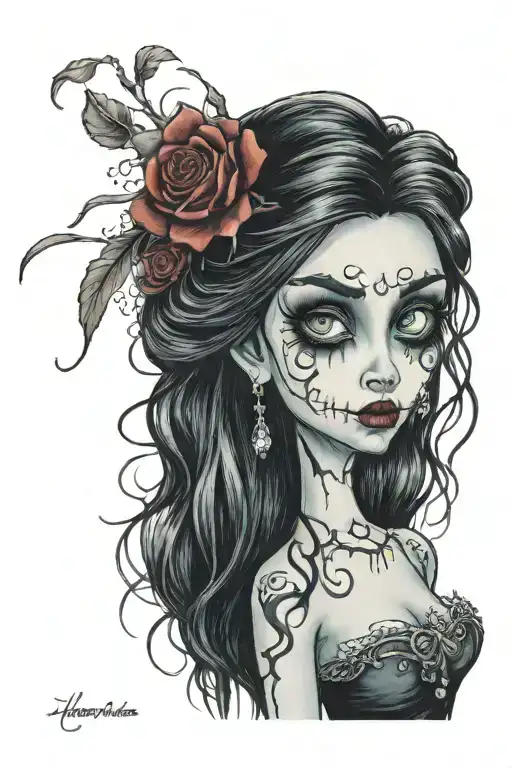 Emily Corpse Bride wielding  big eyes long black hair smudged mascara + with  Victor Van Dort tattoo design idea