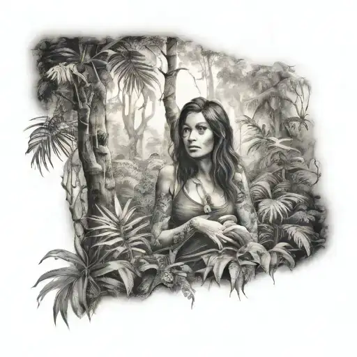 jane in jungle forest with trees tattoo design idea