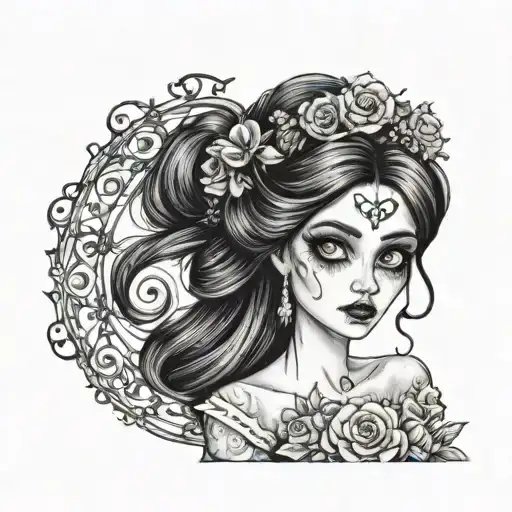 Emily Corpse Bride wielding  big eyes long black hair tattoo design idea