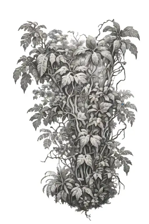 gray scale Jungle trees with vines and bushes tattoo design idea