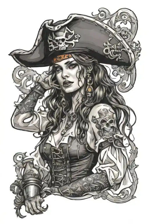 super real sexig pirate woman standing posing tattoo design idea