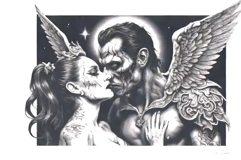 Devil man Kissing a beautiful angel woman .dark background with night sky tattoo design idea