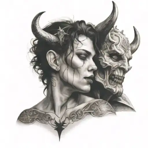 pentagram circle around Angelface woman kissing a devil man with horns wrapped  tattoo design idea
