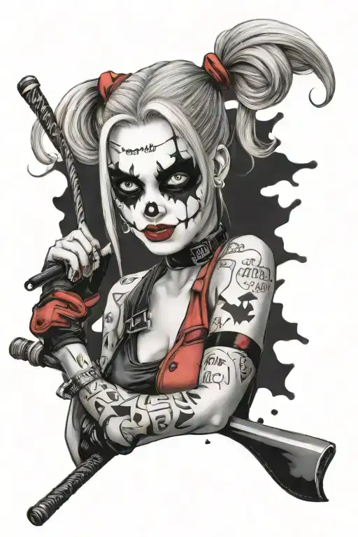 "ultra-realistic" harley quinn holding a baseball bat  she wear a batman mask  tattoo design idea