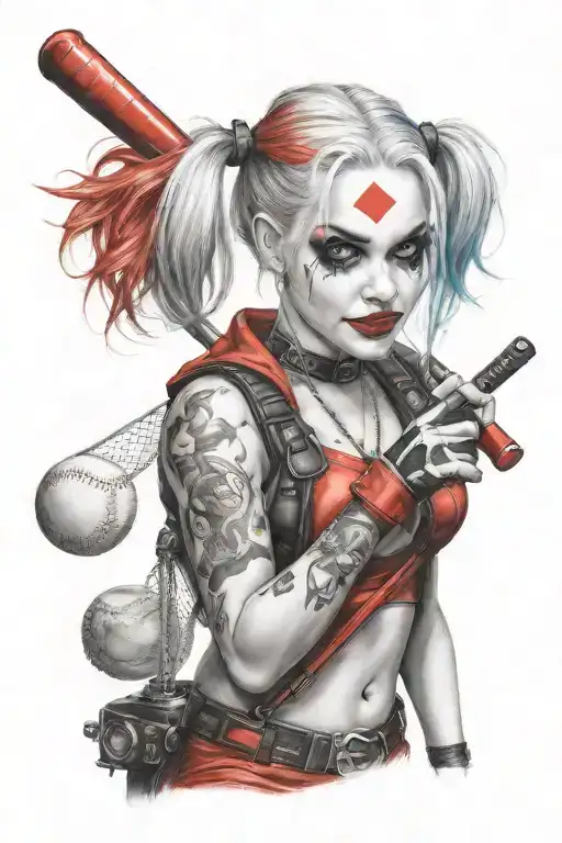 "ultra-realistic" harley quinn with baseball  racket   tattoo design idea